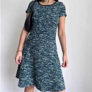 Talbots Teal Tweed A Line Dress Faux Leather Trim Short Sleeve Size 12